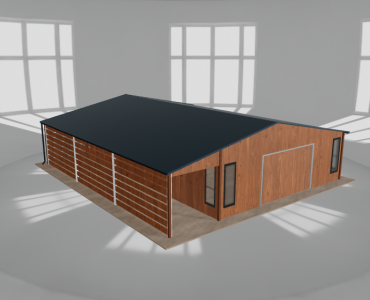 Skardinis garažas 7x10 m su ūkine patalpa ir stogine, Medžio imitacijos – Modelis 2