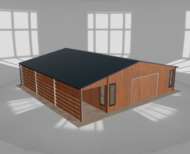 Skardinis garažas 7,5x9,5 m su ūkine patalpa ir stogine, Medžio imitacijos – Modelis 2