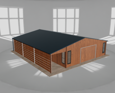 Skardinis garažas 7,5x10 m su ūkine patalpa ir stogine, Medžio imitacijos – Modelis 2