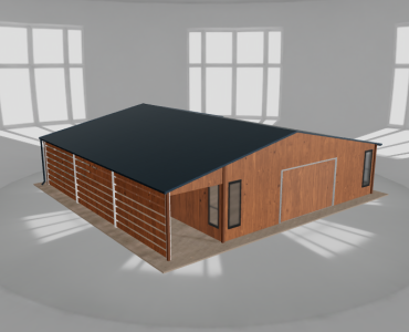 Skardinis garažas 8x9,5 m su ūkine patalpa ir stogine, Medžio imitacijos – Modelis 2