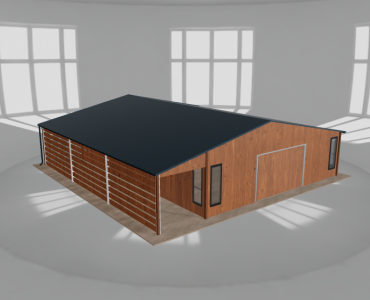 Skardinis garažas 8x10 m su ūkine patalpa ir stogine, Medžio imitacijos – Modelis 2