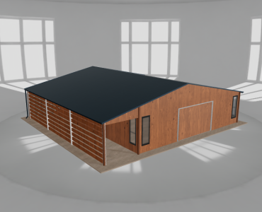 Skardinis garažas 8,5x9,5 m su ūkine patalpa ir stogine, Medžio imitacijos – Modelis 2