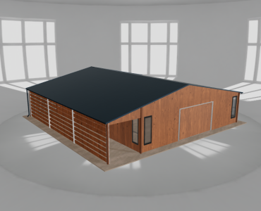 Skardinis garažas 8,5x10 m su ūkine patalpa ir stogine, Medžio imitacijos – Modelis 2