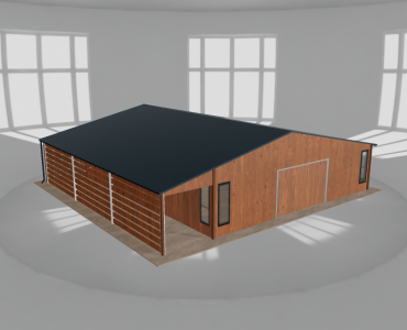 Skardinis garažas 9x10 m su ūkine patalpa ir stogine, Medžio imitacijos – Modelis 2