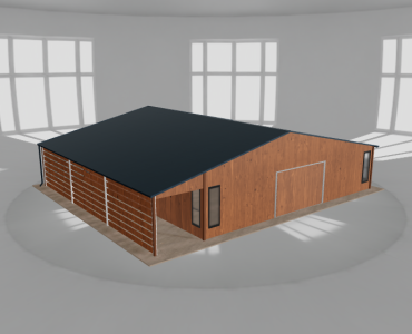 Skardinis garažas 10x10 m su ūkine patalpa ir stogine, Medžio imitacijos – Modelis 2