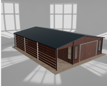 Skardinis garažas 5x9,5 m su ūkine patalpa ir stogine, Medžio imitacijos – Modelis 2