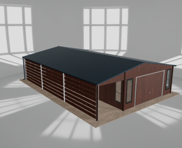 Skardinis garažas 5x10 m su ūkine patalpa ir stogine, Medžio imitacijos – Modelis 2