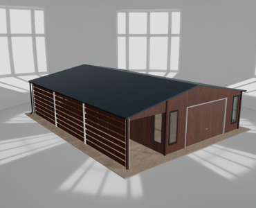 Skardinis garažas 5,5x9,5 m su ūkine patalpa ir stogine, Medžio imitacijos – Modelis 2