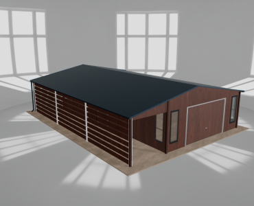 Skardinis garažas 5,5x10 m su ūkine patalpa ir stogine, Medžio imitacijos – Modelis 2