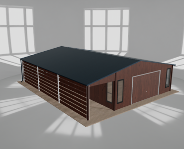 Skardinis garažas 6x9,5 m su ūkine patalpa ir stogine, Medžio imitacijos – Modelis 2