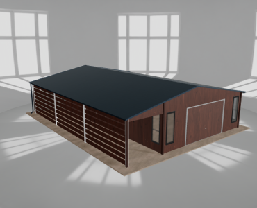 Skardinis garažas 6x10 m su ūkine patalpa ir stogine, Medžio imitacijos – Modelis 2