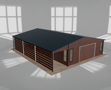 Skardinis garažas 6,5x10 m su ūkine patalpa ir stogine, Medžio imitacijos – Modelis 2