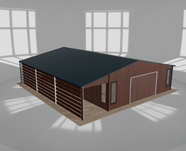 Skardinis garažas 7x9,5 m su ūkine patalpa ir stogine, Medžio imitacijos – Modelis 2