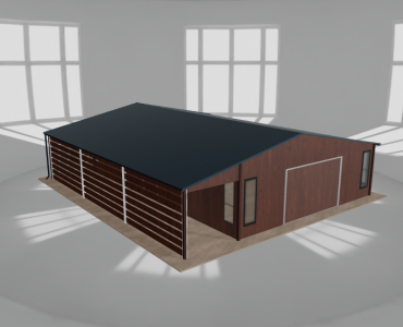 Skardinis garažas 7x10 m su ūkine patalpa ir stogine, Medžio imitacijos – Modelis 2
