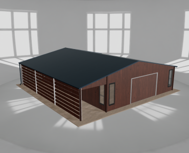 Skardinis garažas 7,5x9,5 m su ūkine patalpa ir stogine, Medžio imitacijos – Modelis 2