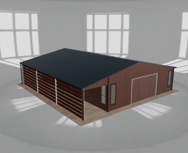 Skardinis garažas 7,5x10 m su ūkine patalpa ir stogine, Medžio imitacijos – Modelis 2