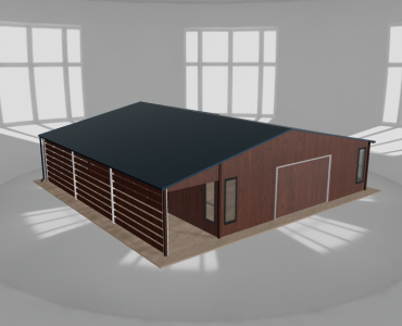 Skardinis garažas 8x9,5 m su ūkine patalpa ir stogine, Medžio imitacijos – Modelis 2