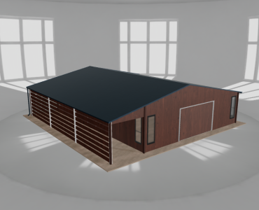 Skardinis garažas 8x10 m su ūkine patalpa ir stogine, Medžio imitacijos – Modelis 2