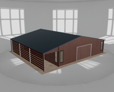 Skardinis garažas 9x9,5 m su ūkine patalpa ir stogine, Medžio imitacijos – Modelis 2