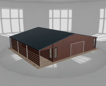 Skardinis garažas 9,5x9,5 m su ūkine patalpa ir stogine, Medžio imitacijos – Modelis 2