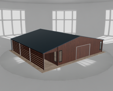 Skardinis garažas 9,5x10 m su ūkine patalpa ir stogine, Medžio imitacijos – Modelis 2