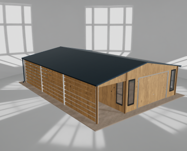 Skardinis garažas 5x9,5 m su ūkine patalpa ir stogine, Medžio imitacijos – Modelis 2
