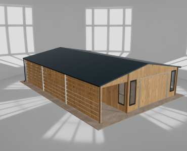 Skardinis garažas 5x10 m su ūkine patalpa ir stogine, Medžio imitacijos – Modelis 2