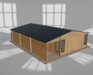 Skardinis garažas 5,5x9,5 m su ūkine patalpa ir stogine, Medžio imitacijos – Modelis 2