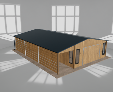 Skardinis garažas 5,5x10 m su ūkine patalpa ir stogine, Medžio imitacijos – Modelis 2