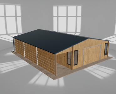 Skardinis garažas 6x9,5 m su ūkine patalpa ir stogine, Medžio imitacijos – Modelis 2