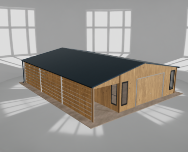 Skardinis garažas 6x10 m su ūkine patalpa ir stogine, Medžio imitacijos – Modelis 2