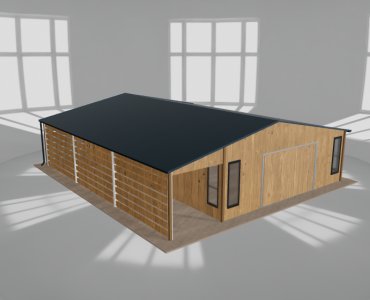 Skardinis garažas 6,5x9,5 m su ūkine patalpa ir stogine, Medžio imitacijos – Modelis 2
