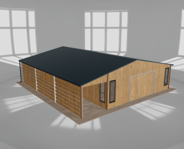 Skardinis garažas 7x9,5 m su ūkine patalpa ir stogine, Medžio imitacijos – Modelis 2
