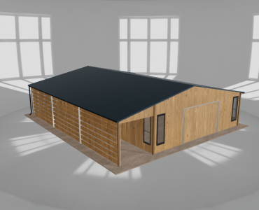Skardinis garažas 7x10 m su ūkine patalpa ir stogine, Medžio imitacijos – Modelis 2