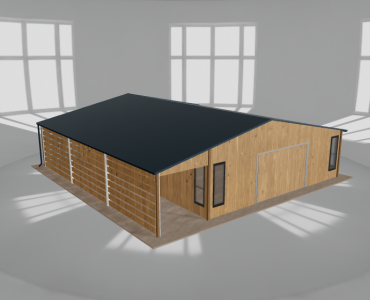 Skardinis garažas 7,5x9,5 m su ūkine patalpa ir stogine, Medžio imitacijos – Modelis 2