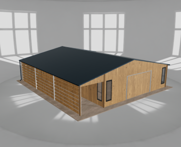 Skardinis garažas 7,5x10 m su ūkine patalpa ir stogine, Medžio imitacijos – Modelis 2