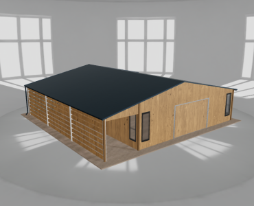 Skardinis garažas 8x9,5 m su ūkine patalpa ir stogine, Medžio imitacijos – Modelis 2