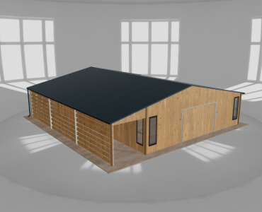 Skardinis garažas 8x10 m su ūkine patalpa ir stogine, Medžio imitacijos – Modelis 2