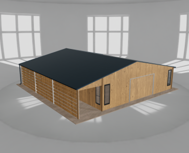Skardinis garažas 8,5x10 m su ūkine patalpa ir stogine, Medžio imitacijos – Modelis 2