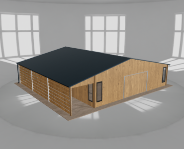 Skardinis garažas 9x9,5 m su ūkine patalpa ir stogine, Medžio imitacijos – Modelis 2