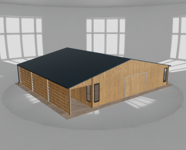 Skardinis garažas 10x10 m su ūkine patalpa ir stogine, Medžio imitacijos – Modelis 2