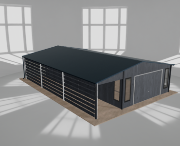 Skardinis garažas 5x10 m su ūkine patalpa ir stogine, Grafitas medžio imitacija – Modelis 2