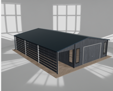Skardinis garažas 5,5x9,5 m su ūkine patalpa ir stogine, Grafitas medžio imitacija – Modelis 2