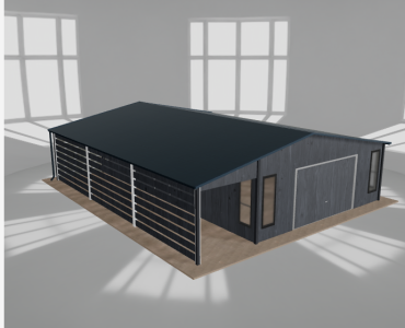 Skardinis garažas 6x9,5 m su ūkine patalpa ir stogine, Grafitas medžio imitacija – Modelis 2