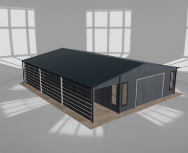 Skardinis garažas 6x10 m su ūkine patalpa ir stogine, Grafitas medžio imitacija – Modelis 2