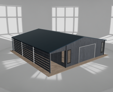 Skardinis garažas 7x9,5 m su ūkine patalpa ir stogine, Grafitas medžio imitacija – Modelis 2