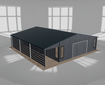 Skardinis garažas 7,5x9,5 m su ūkine patalpa ir stogine, Grafitas medžio imitacija – Modelis 2
