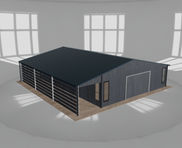 Skardinis garažas 8x10 m su ūkine patalpa ir stogine, Grafitas medžio imitacija – Modelis 2