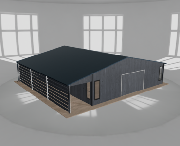 Skardinis garažas 9x9,5 m su ūkine patalpa ir stogine, Grafitas medžio imitacija – Modelis 2