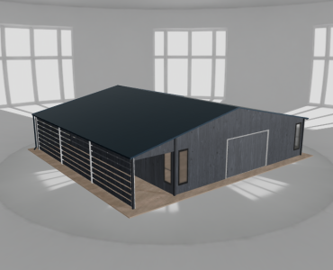 Skardinis garažas 9x10 m su ūkine patalpa ir stogine, Grafitas medžio imitacija – Modelis 2